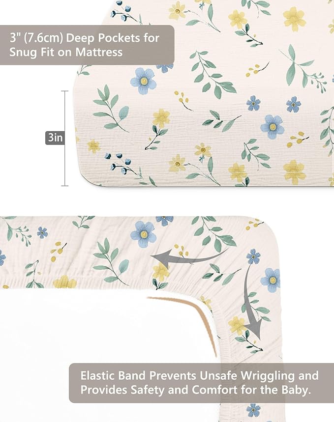 Pack and Play Sheets for Baby Boy and Girl 2 Pack, Neutral Muslin Cotton Pack N Play Mattresses Sheet 27"x39", Muslin Nursery Bedding Soft and Breathable Comfort (Spring Garden & Sage)