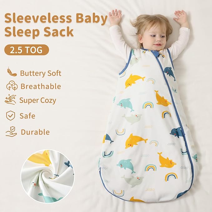 usbettas 1.0 Tog 2.5 Tog Baby Sleep Sack, 100% Cotton Baby Sleeping Bag 3-24M, 2-Way Zipper Baby Wearable Blanket