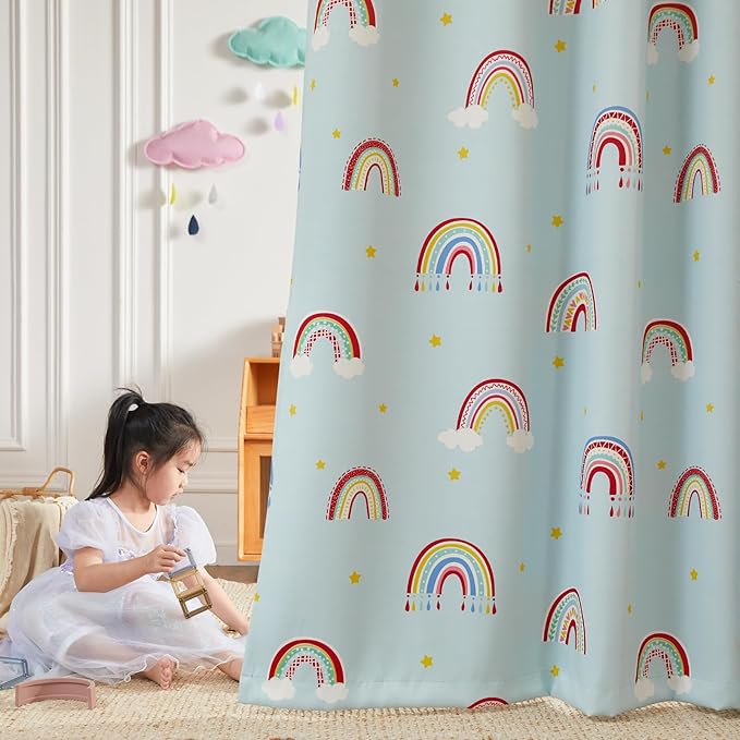 Vangao Easter Boho Girls 100% Blackout Curtains Pastel Blue for Kids Room 63 Inch Length, Rainbow Window Drapes for Living Room Nursery Thermal Insulated Room Darkening Bedroom Grommet 2 Panels