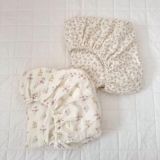 BuLuTu Muslin Pack N Play Mattress Sheets 38"x26", 2 Pack Mini Crib Fitted Sheets for Girls Boys, 100% Cotton Soft Breathable Baby Mattress Sheet 360° Mattress Wrapping, Camellia & Azalea