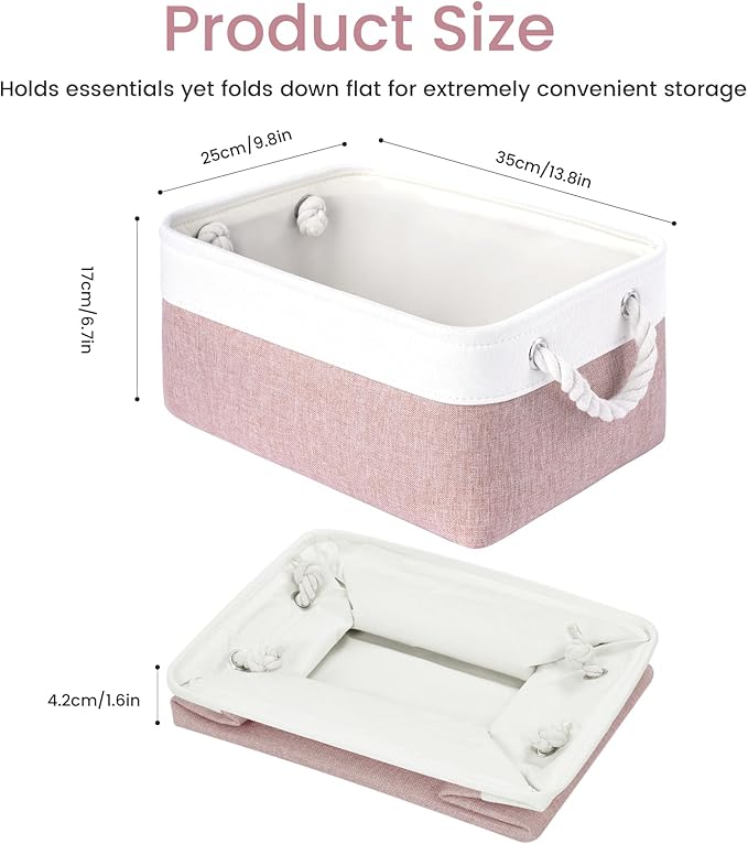 Storage Baskets for Shelves 13.8x9.8x6.7 Inch, Foldable Fabric Storage Bins with Handles, Small Storage Baskets for Organizing Closet, Office, Home Organization (3-Pack, White&Pink)