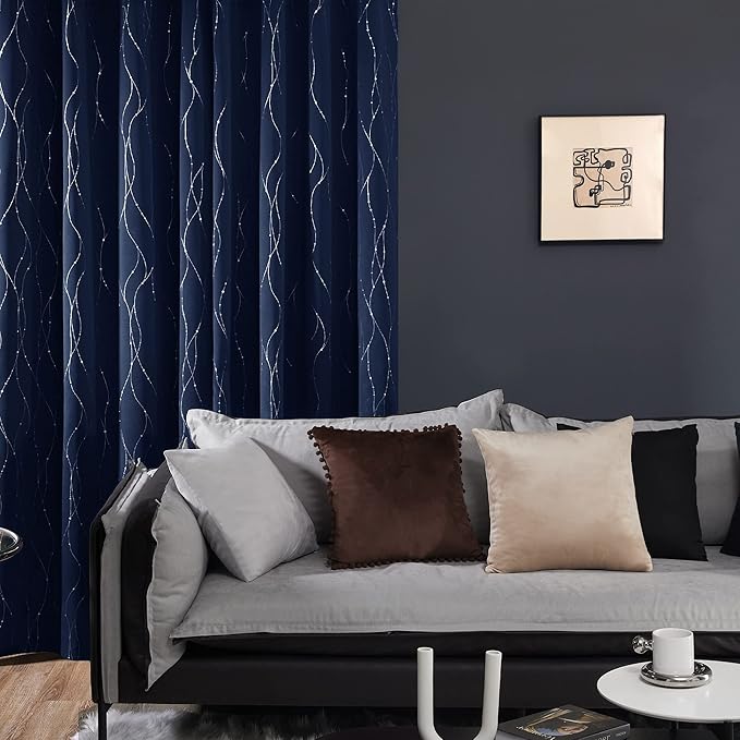 Deconovo Navy Blue Curtains, Blackout Curtain for Bedroom, 42 x 84 Inch, Thermal Insulated Soundproof Privacy Drapes with Silver Wave Dots Pattern, Grommet Top, Machine Washable Panel for Living Room