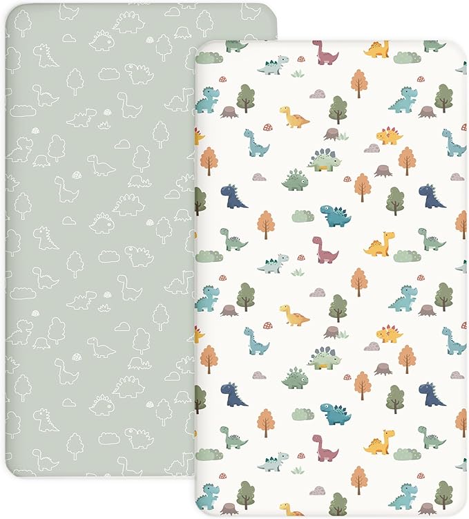 Pack and Play Sheets 2 Pack, Fitted Jersey Knit Mini Crib Sheets for Baby Boys and Girls, Compatible with Graco Pack N Play and Mini Crib Mattress (Sage Dino, Pack N Play/Mini Crib Sheets)