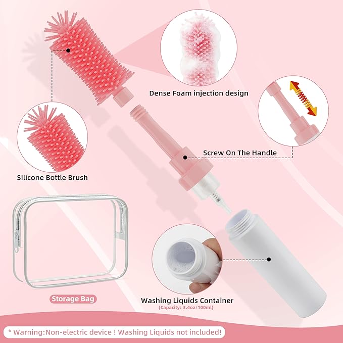 Chuya Baby Bottle Brush Kit -Upgraded Silicone Bottle Cleaning Brush & Nipples Cleaning,Press-Pump Foam Dispenser Brush for Baby Bottles, Nipples, Breast Pump Parts-Rich Foam for Home Travel TSA