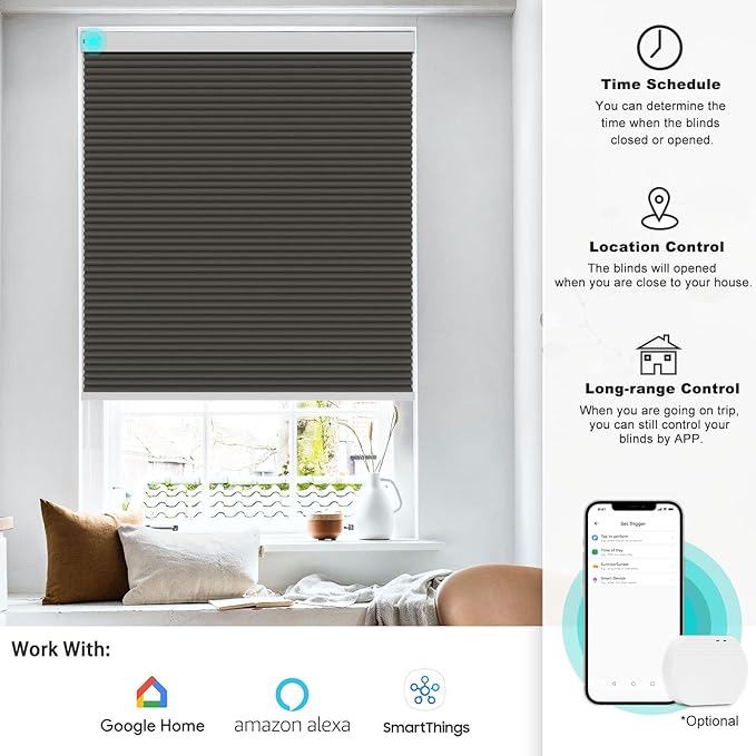 Changshade Motorized Cellular Shades with Remote Control Smart Blinds Compatible with Alexa, Google Home, Smarthings, Custom Size Electronic Automatic Shades for Indoor Windows Doors, Blackout, Taupe