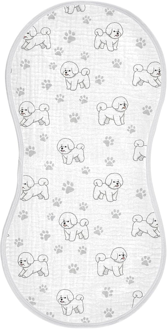Qinllo 1 Pack Muslin Burp Cloths Cute Bichon Dog White Cotton Baby Burp Cloths Soft Burping Cloth Absorbent Spit Up Rags for Newborn Must Haves 22x11 Inch