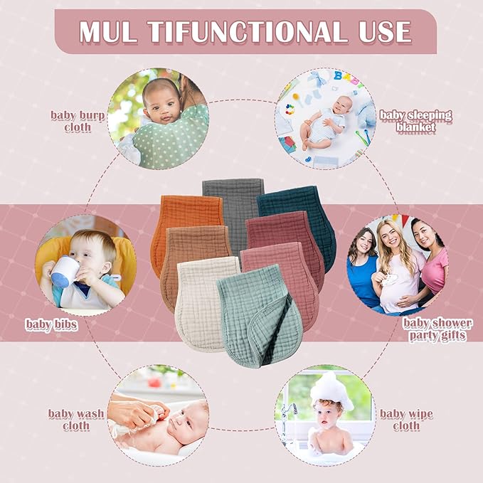 Frienda 8 Pack Muslin Burp Cloths for Baby Large 20 x 10 Inch Cotton Burp Rags for Spit up Drool Absorbent Soft Multicolor Wash Cloths Diapers for Newborn Girl Boy Essential Shower Gift(Bright Color)