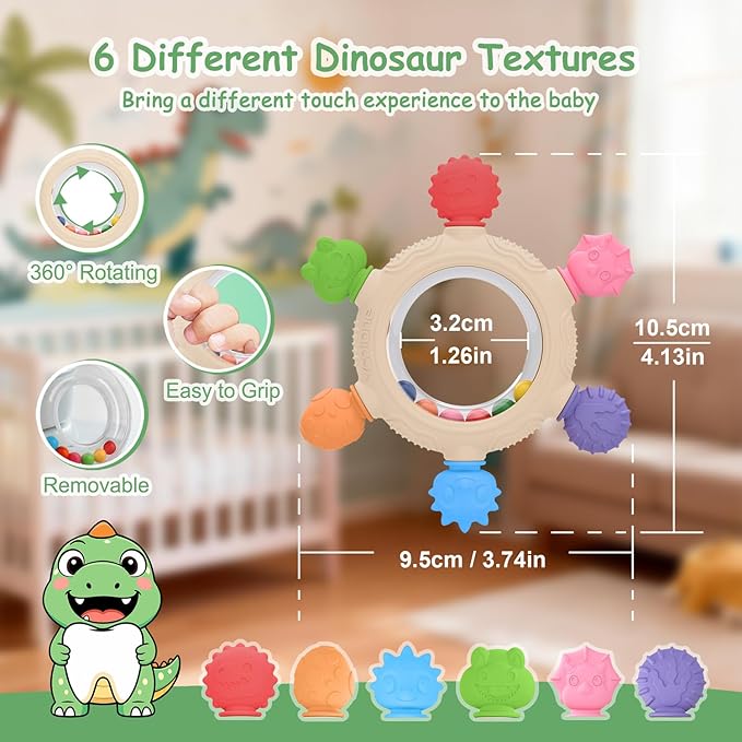 Baby Teething Ring Toys [Original] - Silicone Rattle Teethers for Babies, Dinosaur Baby Teether Chew Toys Teething Relief, Stuff Essentials and Gifts for Toddler Infant Boys Girls 3+ Months