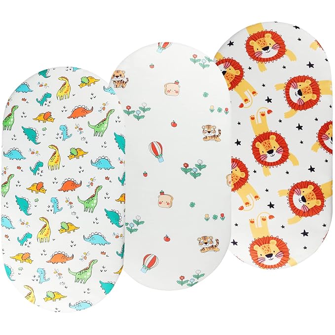 Onacosht Bassinet Sheets Set 3 Pack for Baby Boy, Stretchy Soft Jersey Knitted Fitted Sheet Universal for Oval Rectangle and Hourglass Bassinet Mattress, Dinosaur, Tiger and Lion Printing