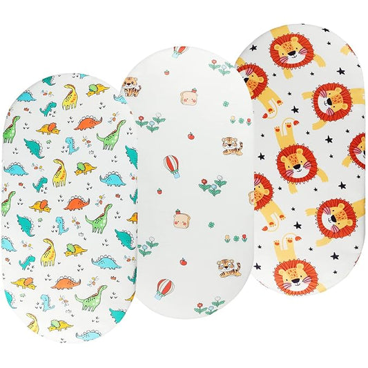 Onacosht Bassinet Sheets Set 3 Pack for Baby Boy, Stretchy Soft Jersey Knitted Fitted Sheet Universal for Oval Rectangle and Hourglass Bassinet Mattress, Dinosaur, Tiger and Lion Printing