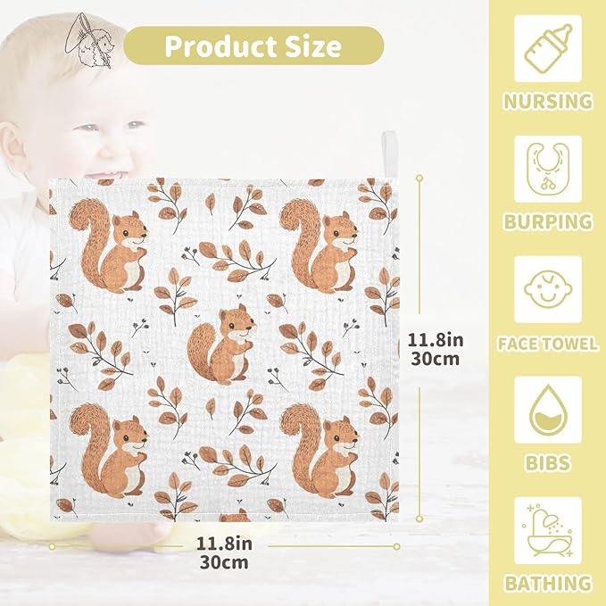 vvfelixl Cute Squirrel with Tail Baby Burp Cloths Baby Muslin Washcloths for Boys Girls Cotton Babys Face Towel for Newborn Infants Soft and Absorbent 11.8 X 11.8 in, 5 Pack