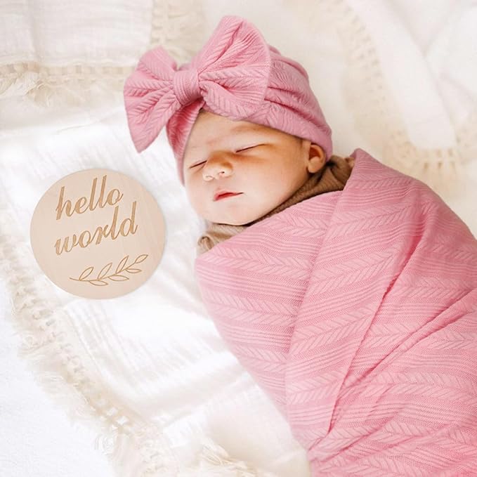 DRESHOW BQUBO Baby Swaddle Blankets for Girls, 4PCS Newborn Accessories Set with Hat and Bow Headband with Hello World Wooden Birth Announcement Card, Baby Blankets for Girls