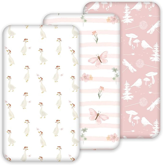 Nap Mat Sheet 47"x24", 3 Pack Pink Floral Baby Crib Sheets Fitted Elastic Corners, Preschool Day Care Rest Mat Cover, Soft Breathable - Compatible with Regalo My Cot, Joovy Travel Cot