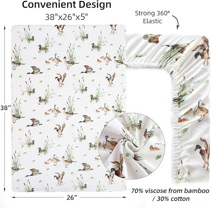 LifeTree Crib Sheets for Baby Unisex - Muslin Fitted Crib Sheets Toddler Bed Sheet, 70% Viscose from Bamboo and 30% Cotton, Fits Mini Crib & Pack and Play Playard, Mallard Duck, 26in x 38in