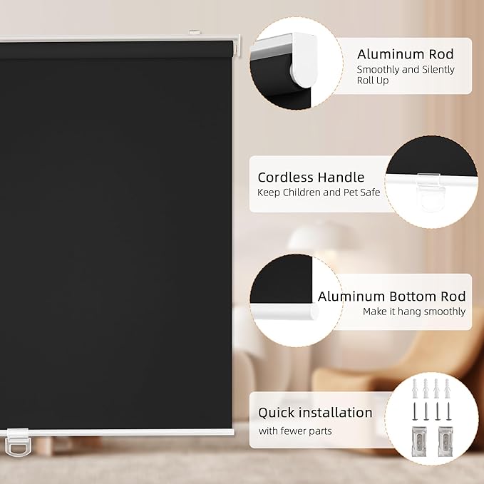 ChrisDowa Cordless Blackout Roller Shades for Windows, Thermal Insulated UV Protection Pull Down Shades, Total Blackout Window Blinds for Home, Office, Bedroom, Door (26" W x 72" H, Black)