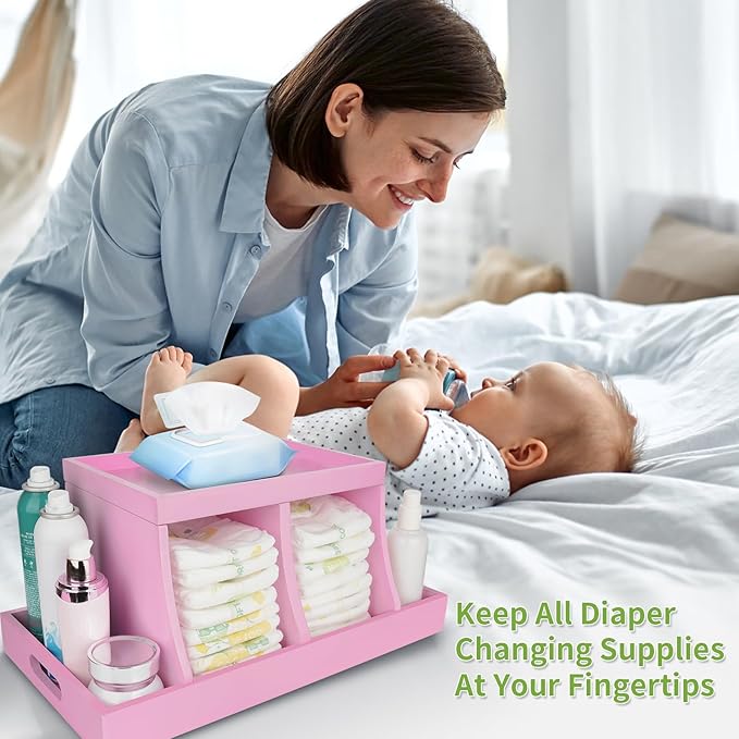 Diaper Caddy Organizer, Changing Table Organizer, Wooden Diaper Organizer for Nursery, Baby Diaper Storage Organizer with Removable Dividers (Pink, Rectangular Size)