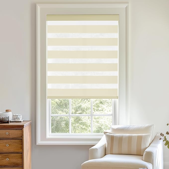 ChrisDowa Cordless Zebra Blinds for Windows, Dual Layer Free-Stop Light Filtering Window Roller Shades, Pull Down Privacy Zebra Shades for Home, Office, Bedroom, Door (27" W x 72" H, Beige)