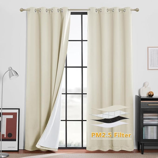 RYB HOME Soundproof & Dust Particle Filtering Curtains Blackout Window Treatment for Bedroom Living Room Divider Nursery Daytime Sleeping Patio Door, Beige, W52 x L 102 inch, 2 Panels