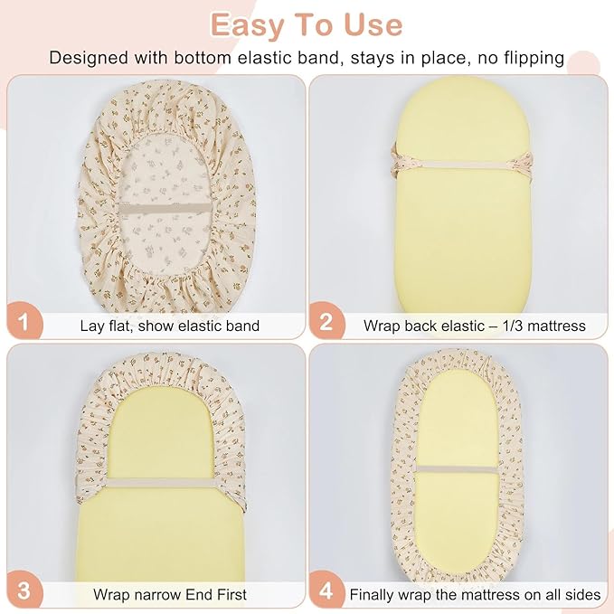 Basumee Muslin Bassinet Sheets for Baby Girl Boy 2 Pack Soft Breathable Baby Bedside Bassinet Fitted Sheets with Bottom Elastic Band 33''x17''x4'' Mattress Cover for Rectangle Oval Hourglass Bassinets