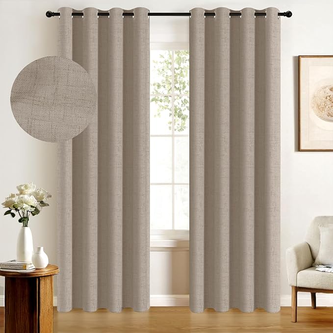 100% Blackout Shield Linen Blackout Curtains for Bedroom, Faux Linen Grommet Curtains for Living Room, Thermal Insulated Room Darkening Drapes for Nursery, Boho Home Decor, 50" W x 102" L, 2 Panels