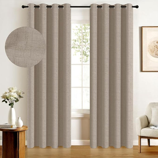 100% Blackout Shield Linen Blackout Curtains for Bedroom, Faux Linen Grommet Curtains for Living Room, Thermal Insulated Room Darkening Drapes for Nursery, Boho Home Decor, 50" W x 102" L, 2 Panels