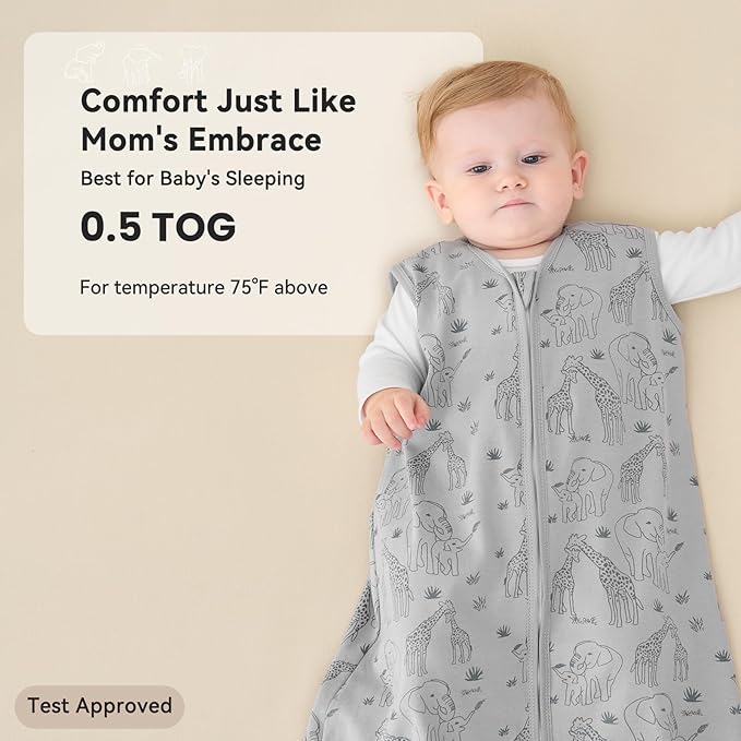 Unnivoll Baby Sleep Sack 0-6 Months 0.5 Tog Wearable Blanket Baby, 3 Pack 100% Cotton Lightweight Sleeping Sack with 2-Way Zipper for Newborn Infant Apricot Gray Green Elephant