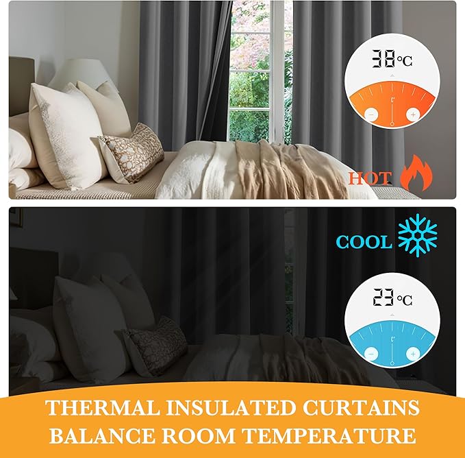 RYB HOME 100% Blackout Bedroom Curtains, Heat & UV Blocking Total Room Darkening Noise Reducing Grommet Curtains for Living Room Dormitory Home Office, 52 inches Wide by 96 inches Long, Grey