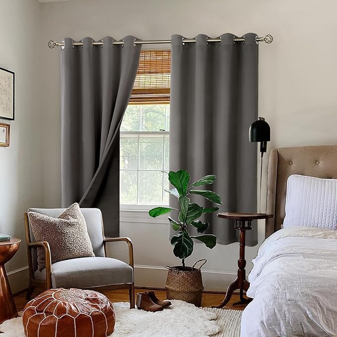 BGment Thermal Insulated 100% Blackout Curtains for Bedroom with Black Liner, Double Layer Full Room Darkening Noise Reducing Grommet Curtain (52 x 72 Inch, Grey, 2 Panels)