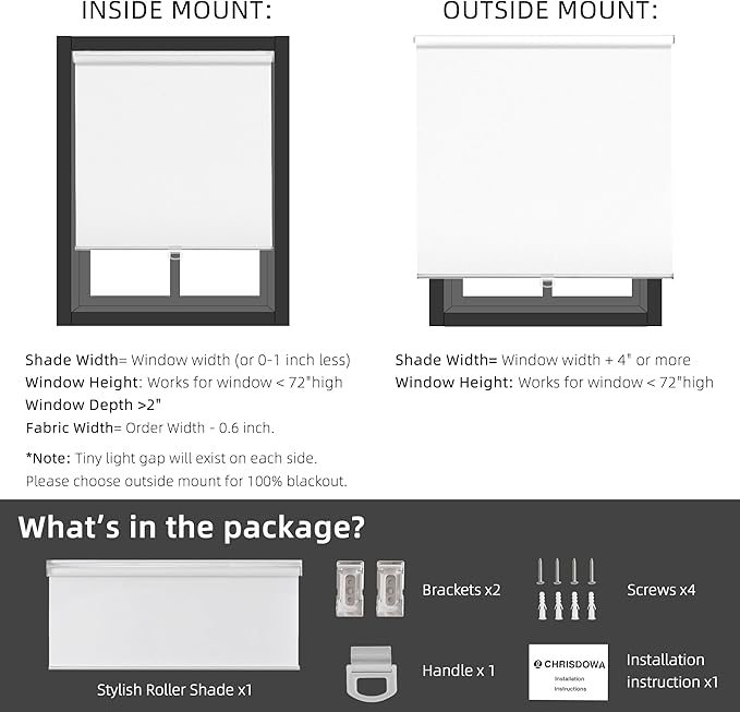 ChrisDowa Cordless Free-Stop100% Blackout Blinds for Windows, Roller Windows Shades with Thermal Insulated, UV Protection Fabric for Living Room, Office and Home. Easy to Install.White,60" W X 72" H