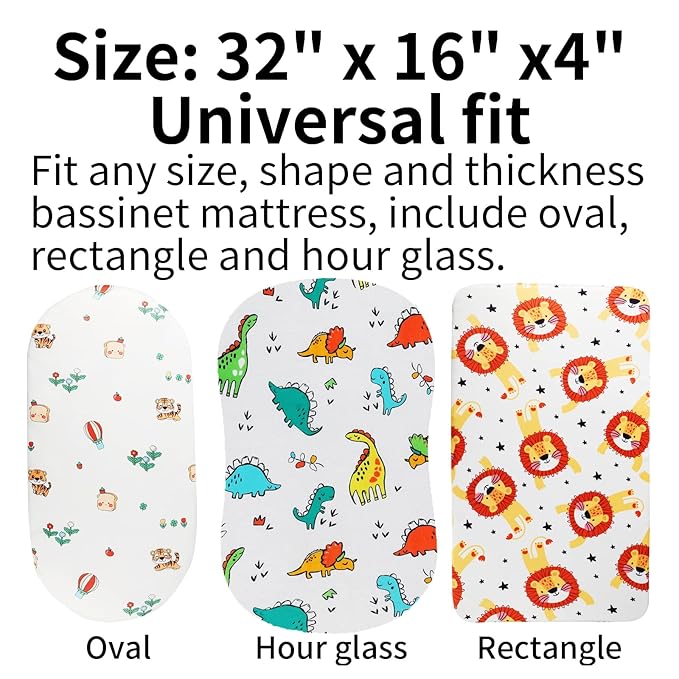 Onacosht Bassinet Sheets Set 3 Pack for Baby Boy, Stretchy Soft Jersey Knitted Fitted Sheet Universal for Oval Rectangle and Hourglass Bassinet Mattress, Dinosaur, Tiger and Lion Printing