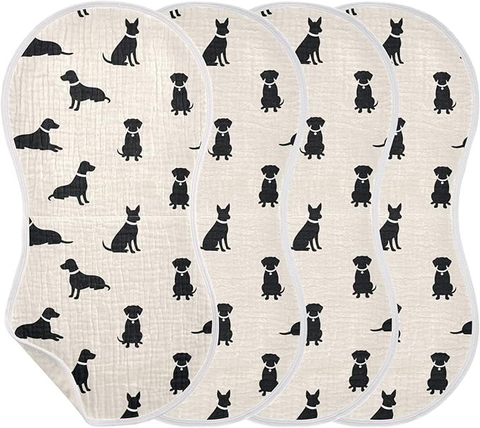 Qinllo 4 Pack Muslin Burp Cloths Dogs Beige Cotton Baby Burp Cloths Absorbent Soft Burping Cloth Washcloths for Newborn Babies Boys Girls 22x11 Inch