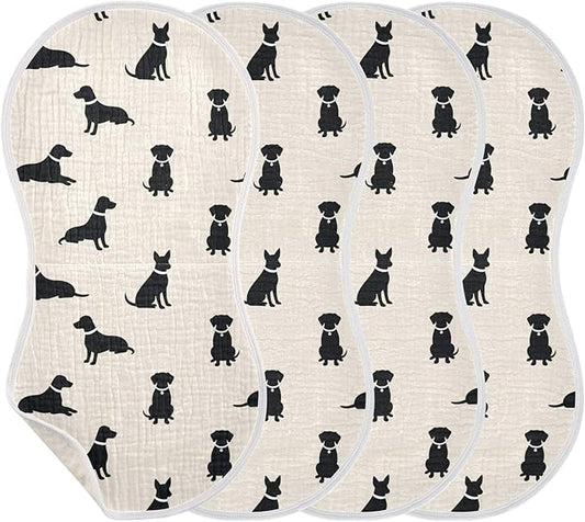 Qinllo 4 Pack Muslin Burp Cloths Dogs Beige Cotton Baby Burp Cloths Absorbent Soft Burping Cloth Washcloths for Newborn Babies Boys Girls 22x11 Inch