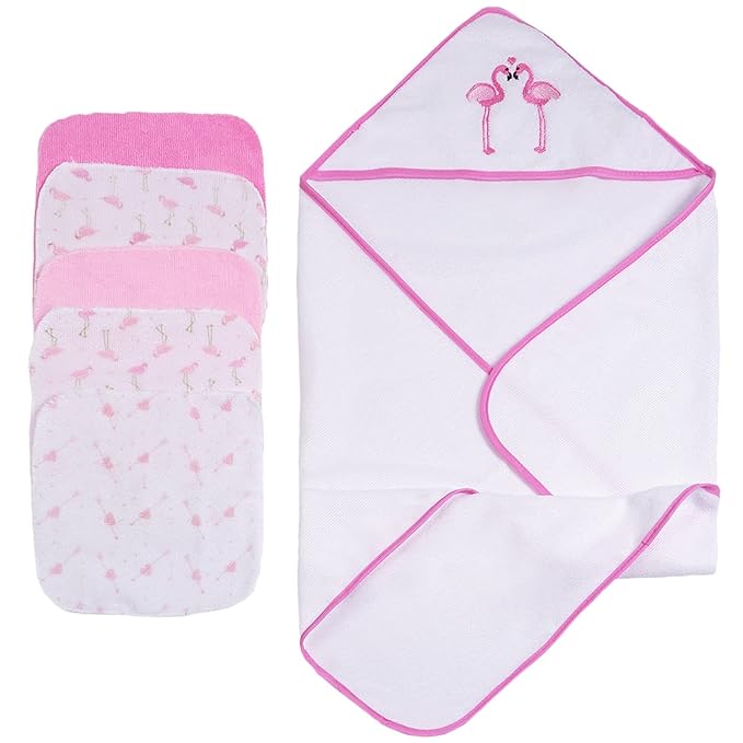 Viviland Baby Towels and Washcloths, Soft Absorbent Baby Girl Bath Towel Set, Flamingos Hooded Towels with 5 Infant Washcloths (6 Pieces)
