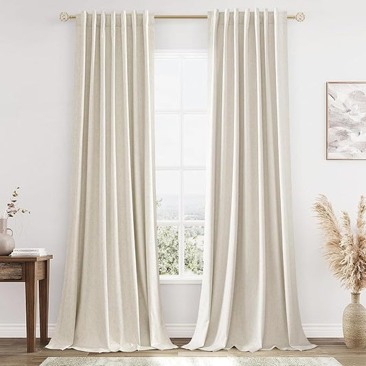 Guken 100% Blackout Linen Curtains 110 Inch Wide by 52 Inch 2 Panels Set for Living Room Bedroom Back Tab Thermal Insulated Black Out Drapes Room Darkening Window Curtains, Linen