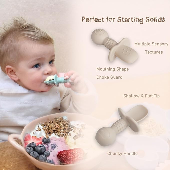 Ginbear Platinum Silicone Baby Spoons Self Feeding 6 Months First Stage, Non Toxic Infants Led Weaning Utensils for Training, Soft BLW Supplies Pack of 4 (Cool Gray/Ivory)