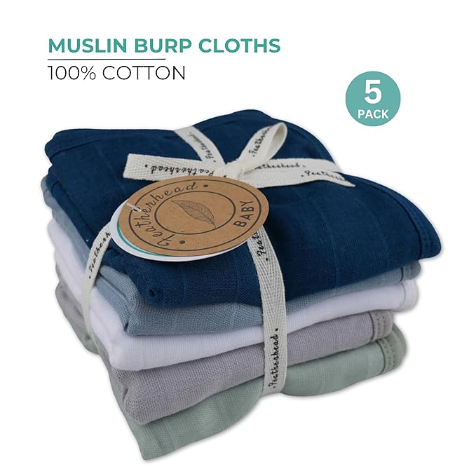 Featherhead 5 Pack Muslin Baby Burp Cloths for Boys & Girls, 22" X 11", Premium Cotton Muslin and Terry Spit up Rags, Super Soft and Absorbent (Blue Solids)
