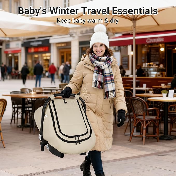 Rquite Car Seat Cover Baby, Winter Carseat Covers Boy Girl, Waterproof Infant Car Seat Cover Warm Car Seat Canopy for Cold Weather, Windproof Baby Carrier/Stroller Cover with 2 Layers Windows, Beige