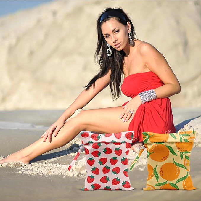 2Pcs Summer Fruits Wet Bags 12x10 Inch, Strawberry Orange Waterproof Travel Laundry Bags, Reusable Wet Dry Bag for Swimsuit Beach Diapers Dirty Yoga Gym Clothes, Travel Gifts for Women Friend