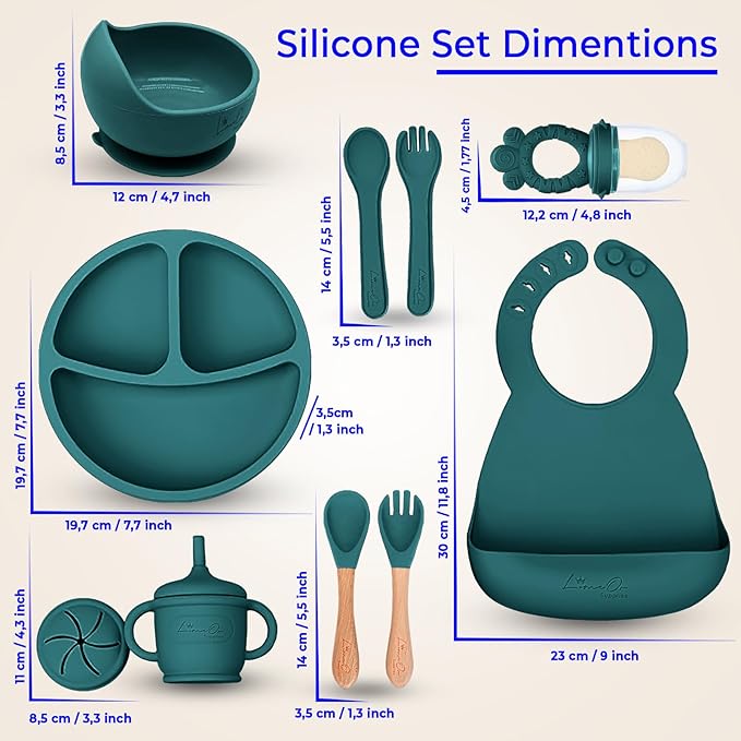 Silicone Baby Feeding Set, 10 Pcs Baby Led Weaning Supplies | BPA-Free Baby Dishes with Toddler Plates and Bowls Set, Silicone Bib, Suction Cup, Baby Spoons & Forks | Empower Independence – Green