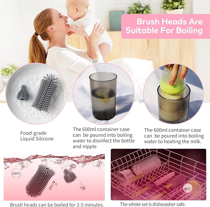 WHNL Baby Bottle Brush Set with Drying Rack, Soap Dispenser, and Case, Pink