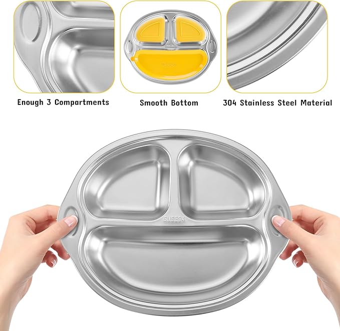 Mrs. Chou Stainless Steel Baby Suction Plates: Divided Plates for Babies and Toddlers, Made of 100% Food-Grade Materials Ideal for Baby-Led Weaning BPA-Free Toddler Feeding Dishwasher Safe Yellow