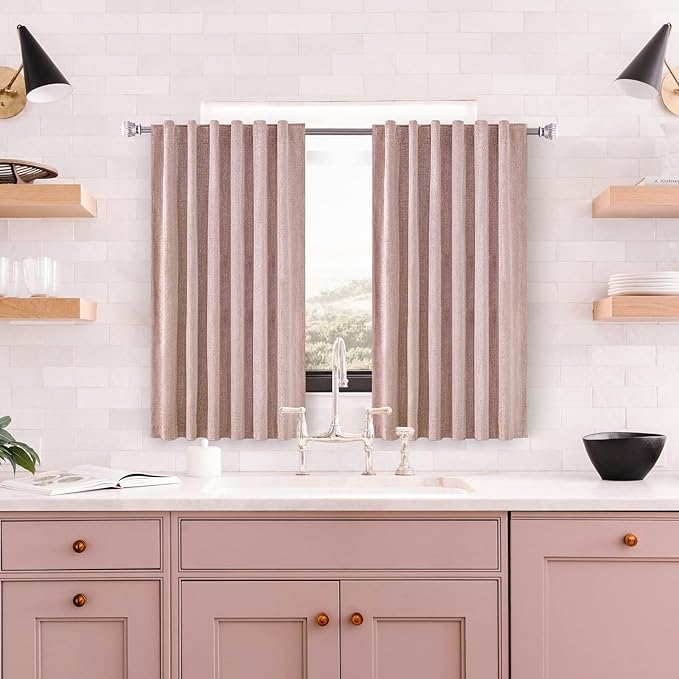 Blush Pink Linen 100% Blackout Curtains 54 Inches Long 2 Panels Set for Girls Back Tab Thermal Insulated Black Out Linen Drapes Room Darkening Short Window Curtains 54 Inch Length