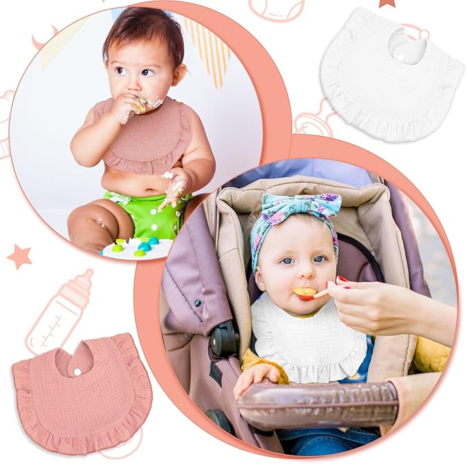 Seematn 10 Pcs Baby Muslin Bibs for Unisex Girls & Boys Drool Bibs Bandana Ruffle Soft Cotton for Newborn Infants Toddlers(Pink, White)