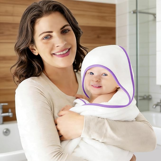 2 Pack Baby Bath Towel - Rayon Made from Bamboo, Ultra Soft Hooded Towels for Kids - X Large Size for 0-7 Yrs (White and Violet, 37.5 x 37.5 Inch)