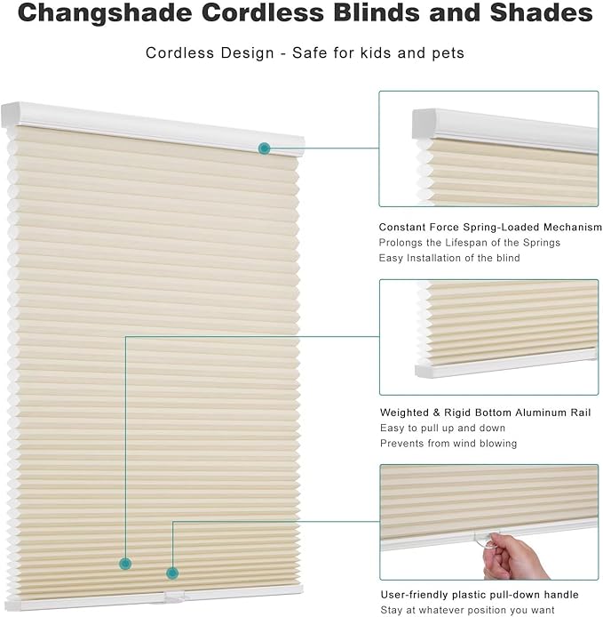Changshade Cordless Cellular Shades, Light Filtering Honeycomb Shades for Windows, Pull Down Pleated Blinds, Easy to Install for Indoor Windows and French Doors,29" W x 64" H, Beige
