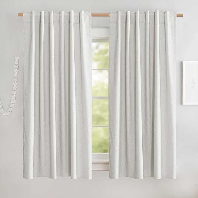 NICETOWN 100% Blackout Linen Curtains with Thermal Insulated White Liner, Ivory, 52" W x 63" L, Set of 2, Burlap Textured Linen Look Privacy Window Treatment for Kitchen, Farmhouse Style