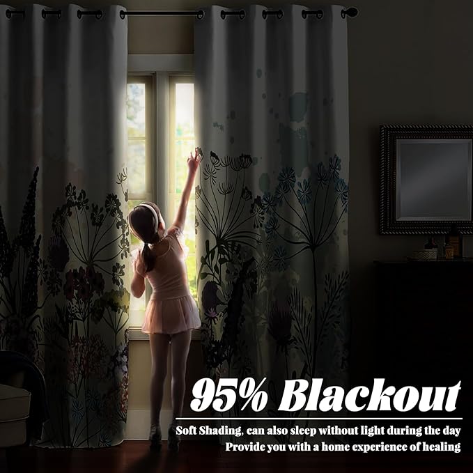 Renaiss Wildflowers Blackout Curtains Vintage Botanical Floral Plant Thermal Insulated Window Drapes for Bedroom 53W x 96L inches 2 Panel Set Window Curtain Panels for Living Room