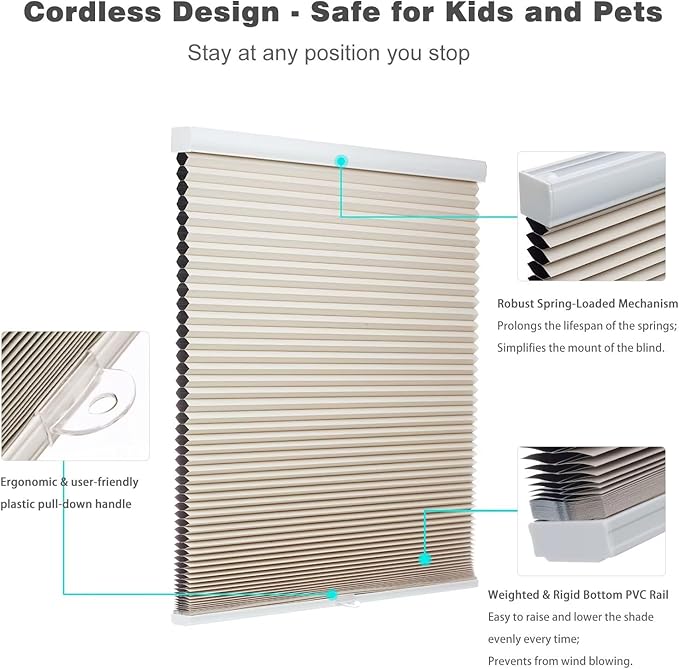 MYshade Cordless Blackout Cellular Shades for Windows, Honeycomb Window Shades with Thermal Insulation, Child & Pet Safe Room Darkening Shade, Easy Install, 35" W x 64" H, Beige