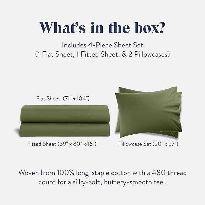 Brooklinen Luxury Sateen 4 Piece Sheet Set - 100% Cotton Bed Sheets, Soft & Durable Twin XL Sheet Set in Fresh Moss, Oeko-TEX Certified Bedding Set, 1 Fitted Sheet, 1 Flat Sheet, 2 Pillowcases