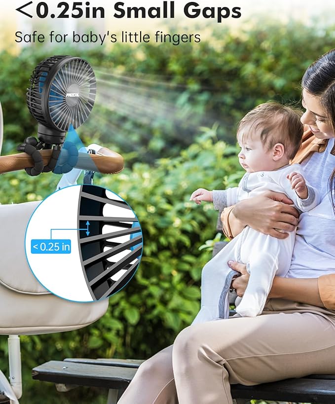 FRIZCOL Stroller Fan for Baby - Portable Fans Rechargeable - Battery Operated Fan(Use for 24Hrs) - Fan for Handheld/Clip On/Car Seat/Desk/Camping
